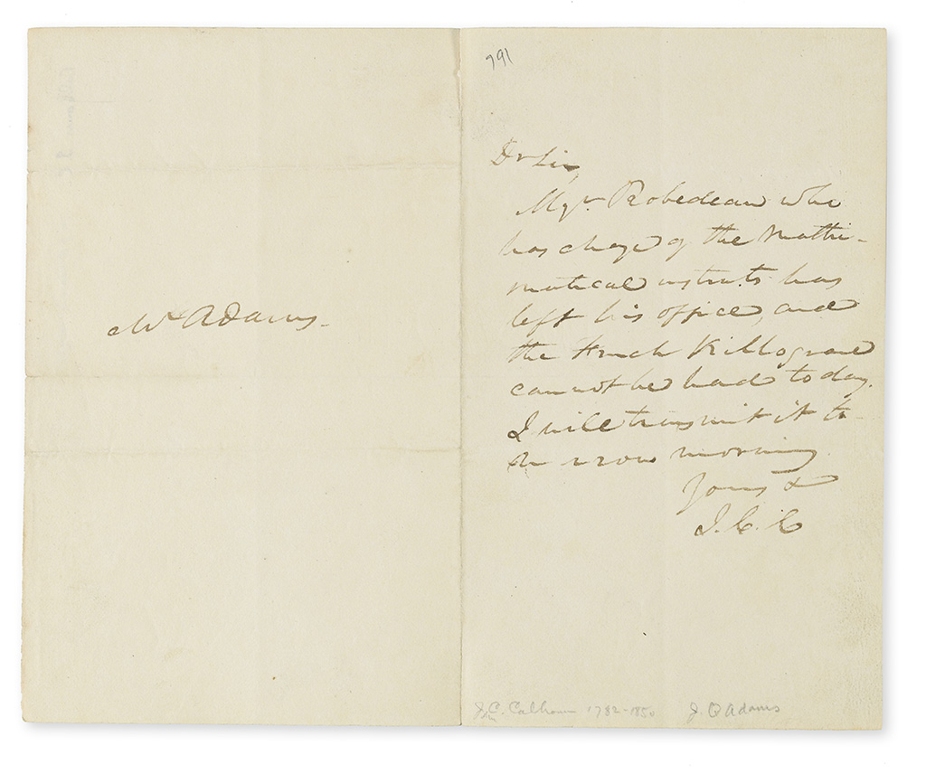 CALHOUN, JOHN C. Autograph Letter Signed, J.C.C., to John Quincy Adams (Mr. Adams),